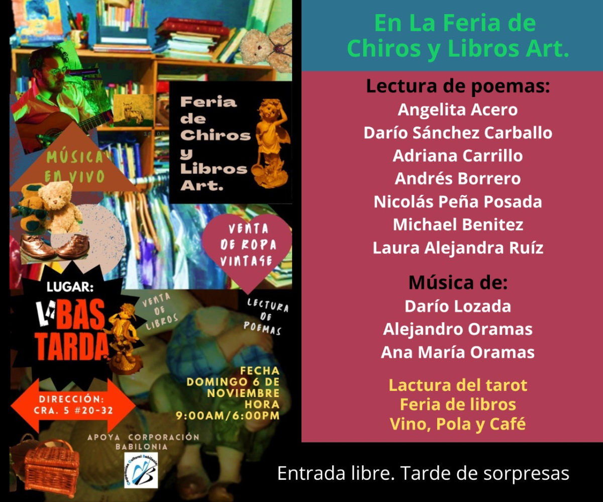 Invitación del evento. Cuenta con un collage de imágenes al lado izquierdo  de libros, ropa y música y, al ldo derecho la relación de los y las invitadas.