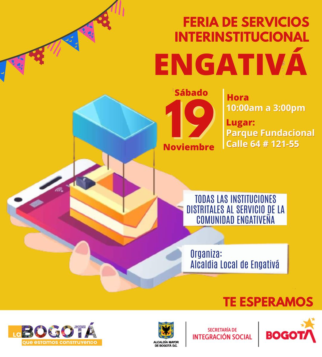 Pieza del evento. Cuenta con una ilustración de la que sobre sale un puesto de información sobre un celular. Cuenta en la parte superior con unos banderines de feria y en el resto de la pieza se encuentra toda la información del evento