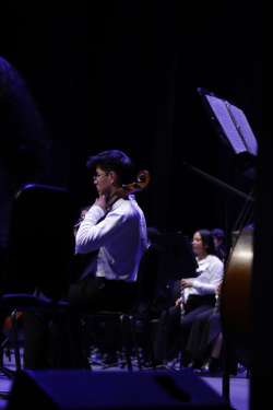 Niño de orquesta sinfónica ejecuta instrumento