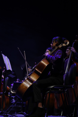 Niña de orquesta sinfónica ejecuta violonchelo