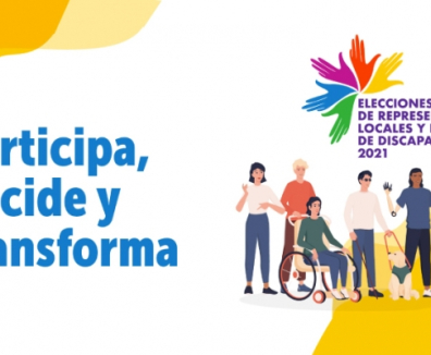 En la imagen se encuentra al lado izquierdo las palabras Participa, decide y transforma y al lado derecho el logo del proceso de elecciones debajo de este, la imagen de cinco personas con diferentes discapacidades, un cuidador y un perro guía. 