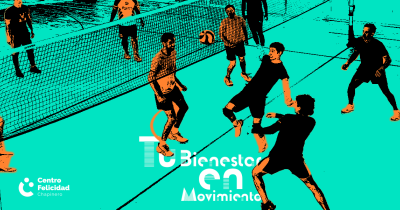 Afiche de la campaña Tu bienestar en Movimiento grupo de personas jugando voleibol