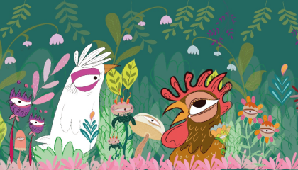 Ilustración de La Pajarrak de un gallo y una gallina en el campo