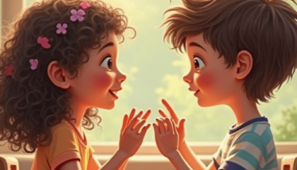 Ilustración de dos niños hablando en lenguaje de señas