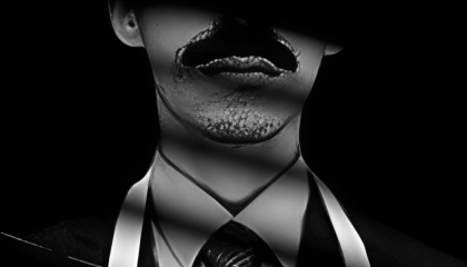 Ilustración del rostro de un hombre con bigote en una luz tenue y damática