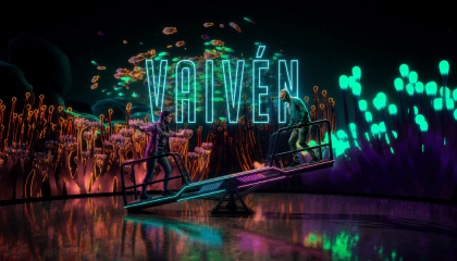 Render de la experiencia vaivén de dos personas rodeadas de animación