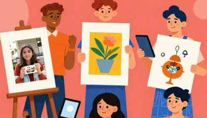 Ilustración de varias personas con imágenes en las manos y celulares