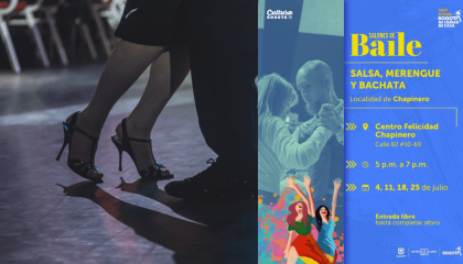 Fotografía de las piernas de personas bailando y el poster de los salones de baile