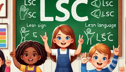 Ilustración de varios niños en un salón de clases aprendiendo lenguaje de señas