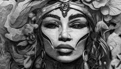 Ilustración a gran escala hecha en carboncillo del rostro de una mujer