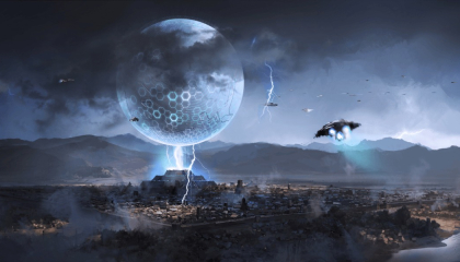 Imagen de un mundo futurista con naves espaciales.