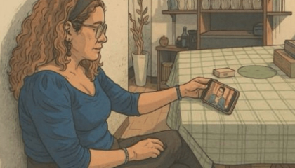 Mujer observando una pantalla de celular.