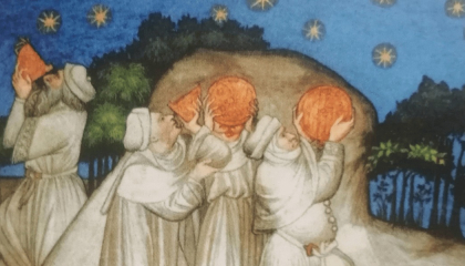 Dibujo de sabios antiguos con instrumentos mirando a las estrellas