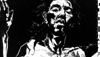 Imagen en blanco y negro de una especie de muerto viviente