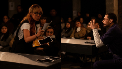 Una mujer y un hombre actuando en unas de las escenas de la obra.