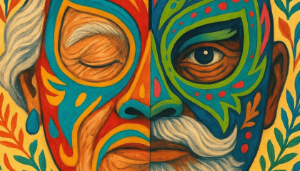 Rostro con máscara multicolor.