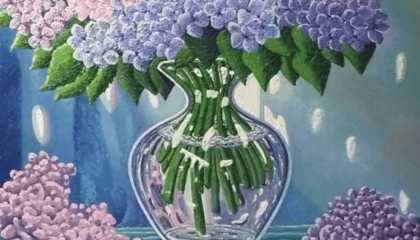 Florero con flores pintados al óleo.