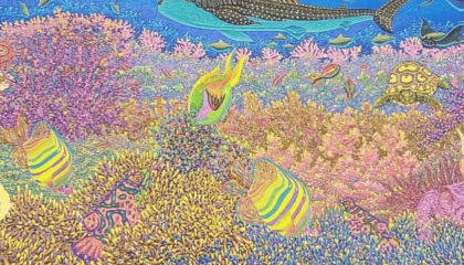 Pintura con óleo de peces y corales. 