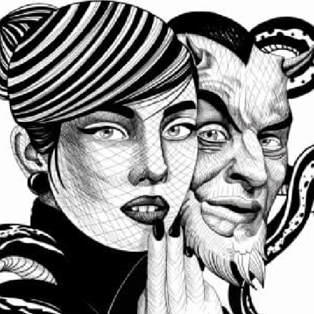 Ilustracion en blanco y negro de un hombre y una mujer