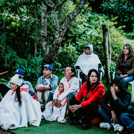 Grupo de personas sentadas alrededor de un ambiente de naturaleza