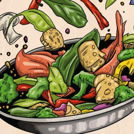 Ilustración de sartén con verduras