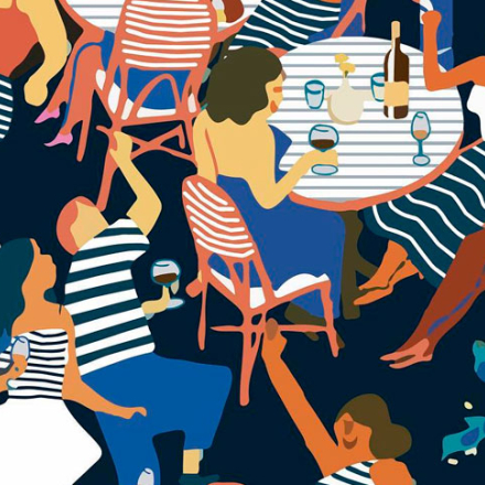 Ilustración de personas celebrando y tomando vino 